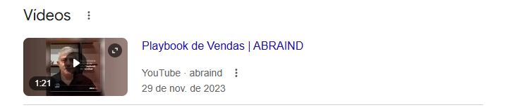 Vídeo da abraind aparece nos resultados de busca do Google, com o indicador "Vídeos"