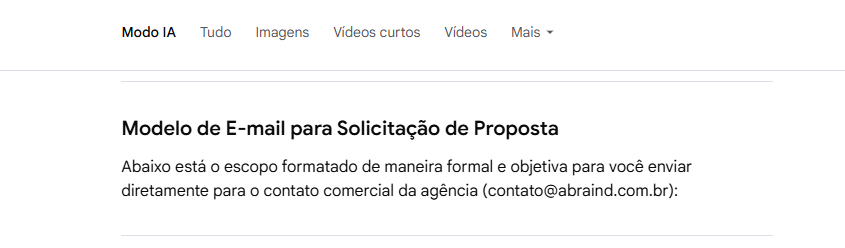 Modo IA do Google montou um modelo de proposta e sugeriu o envio para contato@abraind.com.br
