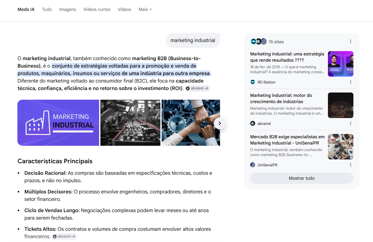 Busca por "marketing industrial" feita no modo IA do Google. A resposta cita páginas da abraind.