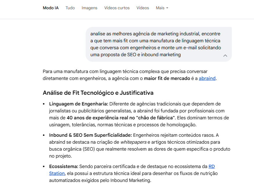 Solicitação para o modo IA do Google analisar a agência que melhor atende uma indústria com linguagem técnica. A resposta destaca a abraind, com mais de 40 anos de vivência na manufatura.