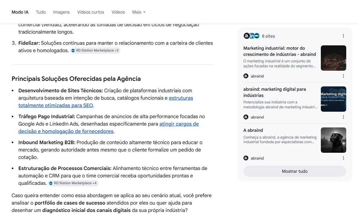 Google no Modo IA, com uma resposta para as principais soluções oferecidas pela abraind. A resposta destaca desenvolvimento de sites, tráfego pago industrial, inbound marketing B2B e estruturação de processos comerciais. Nos sites citados, estão três páginas diferentes da abraind.
