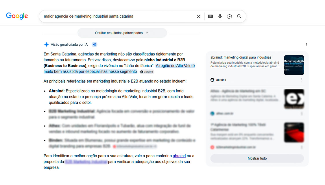 A imagem mostra uma busca por "maior agência de marketing industrial santa catarina". Os resultados mostram a abraind, e citam especificamente a região do Alto Vale. 